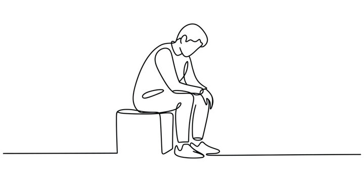 One line drawing of a sad man sitting alone, continuous line art