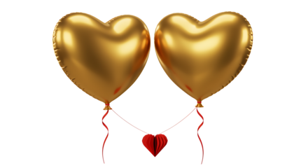 Two golden heart shaped balloons tied with a red ribbon on transparent background.