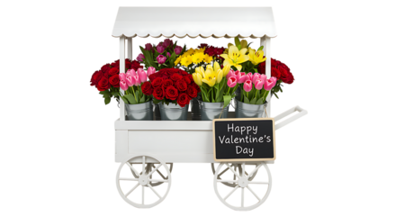 A charming white flower cart overflowing with vibrant blooms on transparent background.