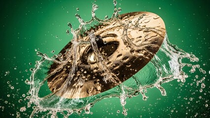 A cymbal splashing in water against a green background