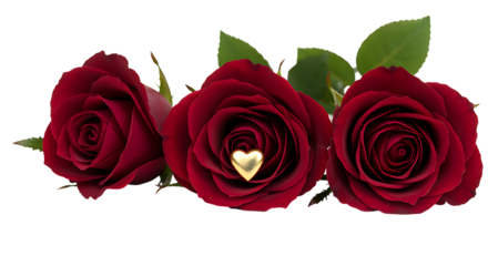 three vibrant red roses with a golden heart nestled within on transparent background.