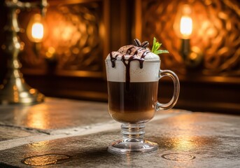 Layered coffee drink with whipped cream, chocolate drizzle, and mint leaf, served in clear glass mug on textured surface, with warm, blurred light