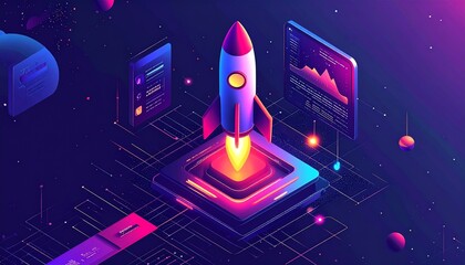 Futuristic rocket launching from digital chip in space with data analytics holograms