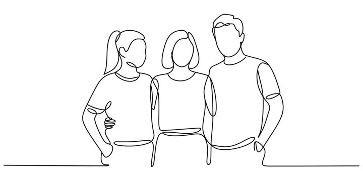One line drawing of three friends standing together, continuous line art