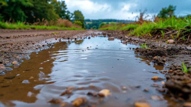 Close-Up Mud Puddle Reflection with Droplet Ripples on a Dirt Road with Green Grass and Forest Under Overcast Sky