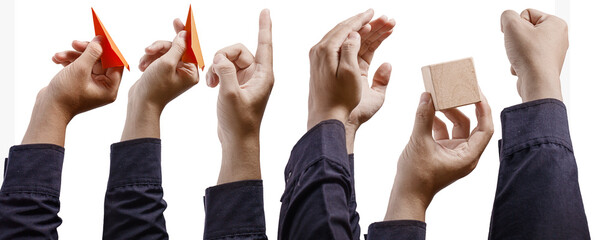 Fototapeta premium Diverse human hands performing various actions and holding objects. human gestures set collection. holding Hands. body language. High quality photo