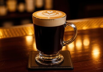 A delicious irish coffee, expertly crafted with creamy foam and delicate latte art, served in a clear glass mug on a dark coaster at a cozy bar