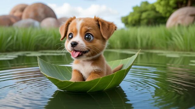 Adventurous cute puppy cartoon sailing on leaf boat in calm pond