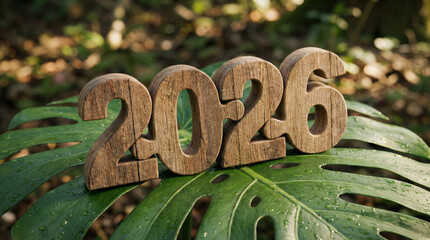 Wooden numbers 2026 placed on green leaf with water drops symbolizing future year and nature connection in outdoor setting with natural light and blurred background
