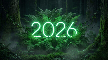 Glowing green neon light displaying 2026 nestled inside lush fern leaves in dark forest with mist creating magical and futuristic atmosphere of sustainability and clean energy