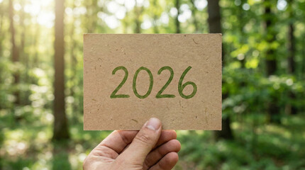 Hand holding brown recycled paper card with number 2026 written in green ink, set against blurred green forest background symbolizing eco conscious future planning and hope