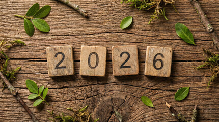 Wooden tiles with numbers 2026 on rustic wooden table surrounded by green leaves and twigs, symbolizing eco friendly planning and new beginnings in warm earth tones