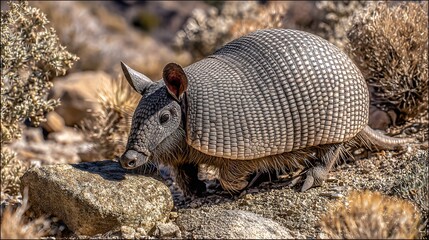 Obraz premium Resilient armadillo foraging in dry dusty earth, showcasing its armored shell and searching snout.