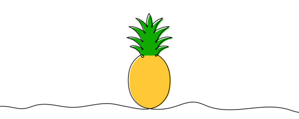 Pineapple, a tropical fruit, filled with yellow and green color. Drawing in one line art style with editable black stroke on a white background. Vector illustration
