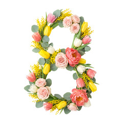 Floral wreath shaped as number eight with colorful spring flowers  