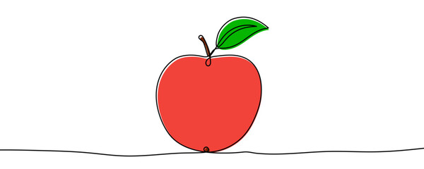 Apple with a stem and a leaf, filled with red and green color. Drawing in one line art style with editable black stroke on a white background. Vector illustration