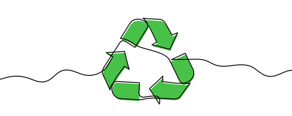 Recycling symbol from three arrows, filled with green color, in one line art style. Drawing with editable black stroke on a white background. Vector illustration,