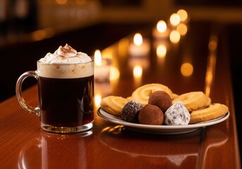Clear glass mug of coffee with whipped cream and cinnamon, served with a plate of assorted cookies, illuminated by soft, blurred candlelight on a wooden table, creating a cozy atmosphere