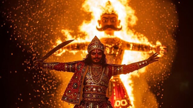 Hindu festival Ravana burning effigy.