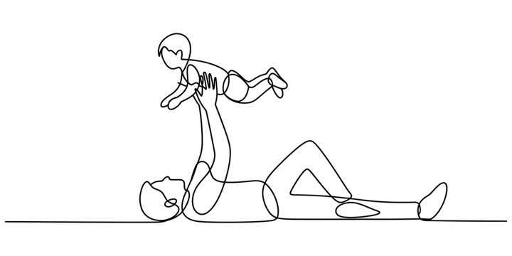 Father lying down lifting child up one line art drawing