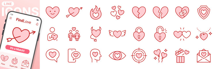 Valentine day line icon set. Heart, romantic gift, love, passion, relationship, empathy, divorce minimal vector illustrations. Simple outline signs for dating app. Filled pink color. Editable Stroke