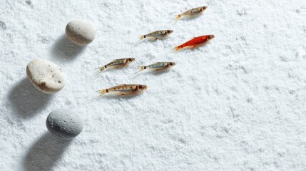 Unique fish swimming in snow-like landscape among pebbles for creative design projects