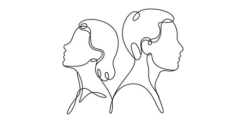 Continuous line drawing of man and woman facing away from each other © Bilas