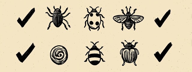 an array of stylized illustrations representing insects in a line. each insect is depicted with simple geometric shapes and lines