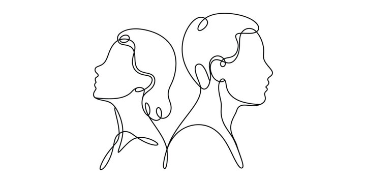 Continuous line drawing of man and woman facing away from each other