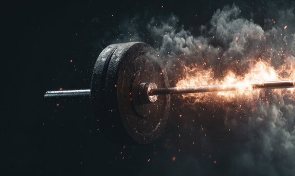 A weightlifting barbell engulfed in flames and smoke against a dark background, suggesting intense strength and power