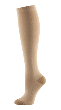 Beige medical compression stocking. Healthcare support legwear.