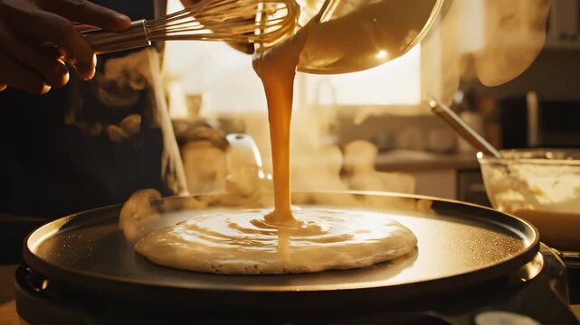 A man in an apron whisks batter in a bowl, illuminated by warm sunlight streaming through the kitchen window. The man focuses on mixing the batter, creating a comforting scene.