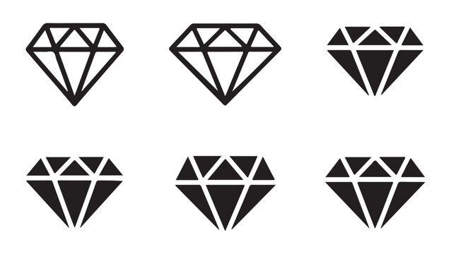 Six black outline and filled diamond icons or gems isolated on a white background various jewelry symbols set