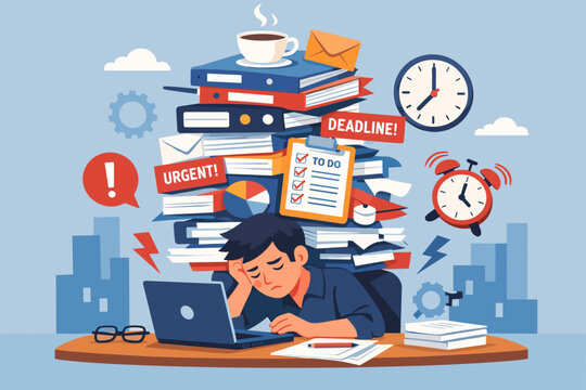 Overworked employee at desk with pile of tasks and deadlines in flat style