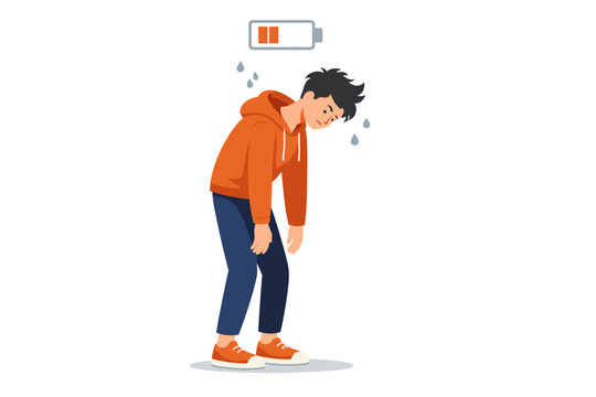 Tired person in orange hoodie with low battery symbol depicting exhaustion and fatigue
