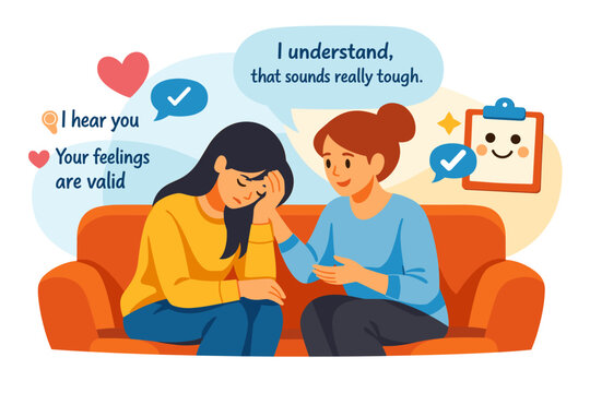 Empathetic conversation on couch with two women exchanging supportive words