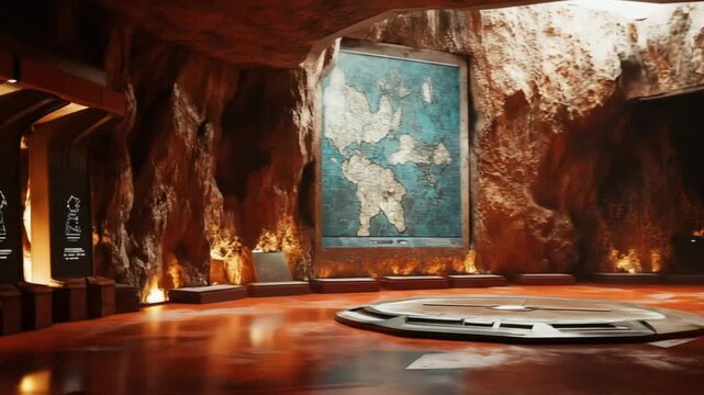 Interior cave environment with ancient map and platform concept design