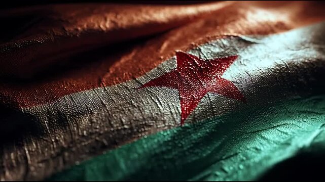 Symbol of Resilience: A textured flag with a prominent star symbolizes national pride and history, its weathered appearance hinting at the resilience of a nation
