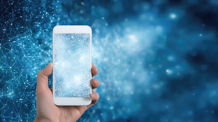 a smartphone with a blue background featuring white specks, symbolizing technology or connectivity