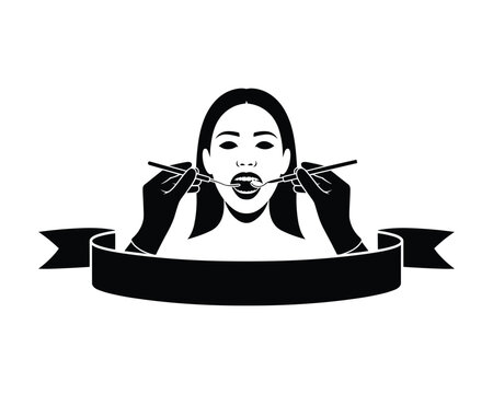 Woman with gagged mouth and bound hands in black and white