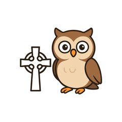 Adorable cartoon owl with big eyes standing next to a traditional celtic cross illustration