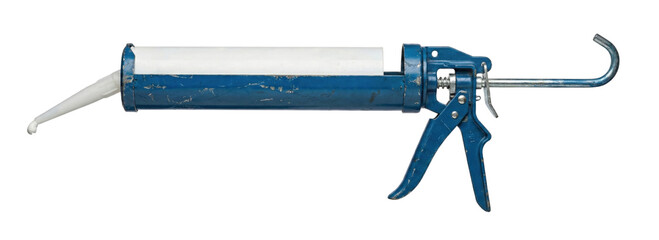 Blue manual caulking gun with sealant tube. Construction tool.