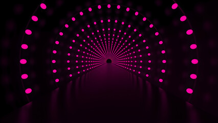 Abstract Magenta Neon Tunnel Background with Glowing Dotted Light Trails and Dark Perspective