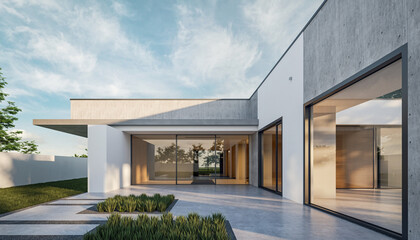 Front View of Minimalist Home with Small Garden and Natural Light