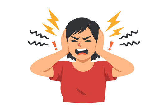Stressed woman covering ears with chaotic symbols and lightning bolts