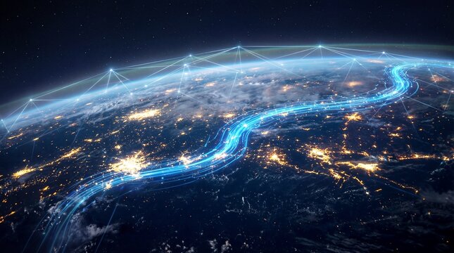 Global digital network connectivity spanning across earth's illuminated surface at night - Powered by Adobe