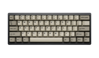Compact mechanical keyboard with grey keycaps. Computer typing peripheral.