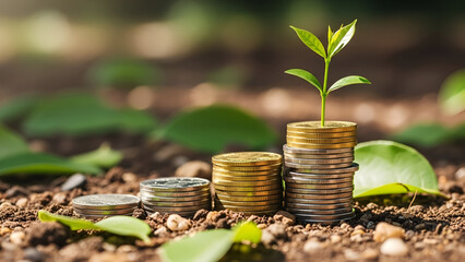Financial growth concept coins stacked and growing like a plant in soil, symbolizing investment and wealth