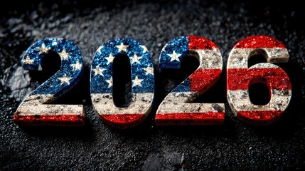 the number 2026 prominently displayed within an american flag design. this large numerical figure is set against a dark background with subtle specks that could suggest stars or glitter