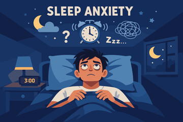 Nighttime restlessness and sleep anxiety concept with worried sleeper and sleep-related symbols in flat design